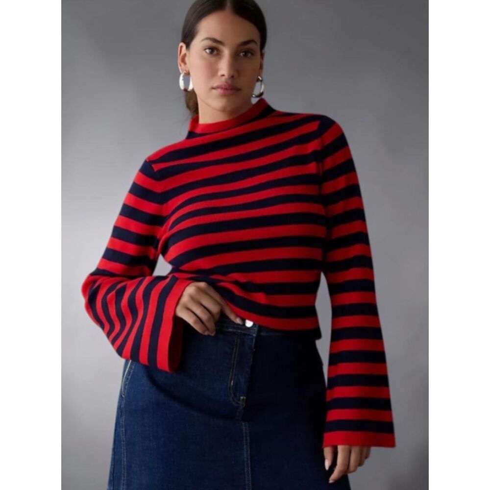 Maeve Anthropologie Sweater Women M Red Stripe Knit Bell Sleeve Preppy Y2K Retro